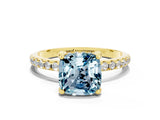 Yellow gold Cushion Cut Diamond Solitaire Ring with Four-Prong Setting and Pavé Band
