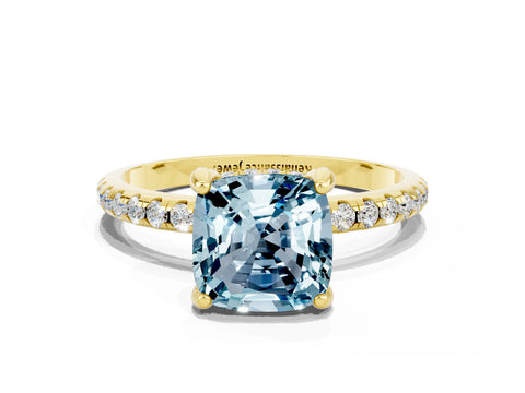 Yellow gold Cushion Cut Diamond Solitaire Ring with Four-Prong Setting and Pavé Band