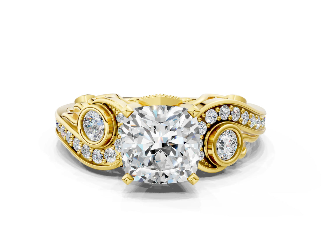 Yellow gold Cushion Cut Diamond Solitaire Ring with Milgrain Pavé Band and Four-Prong Setting_179