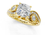 Yellow gold Cushion Cut Diamond Solitaire Ring with Milgrain Pavé Band and Four-Prong Setting_180