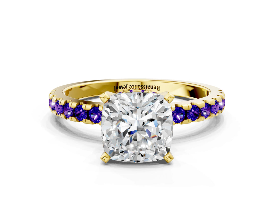 Yellow gold Cushion Cut Diamond Solitaire Ring with Pavé Band and Four-Prong Setting