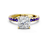 Yellow gold Cushion Cut Diamond Solitaire Ring with Pavé Band and Four-Prong Setting