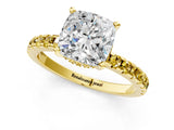 Yellow gold Cushion Cut Diamond Solitaire Ring with Pavé Band and Four-Prong Setting_1