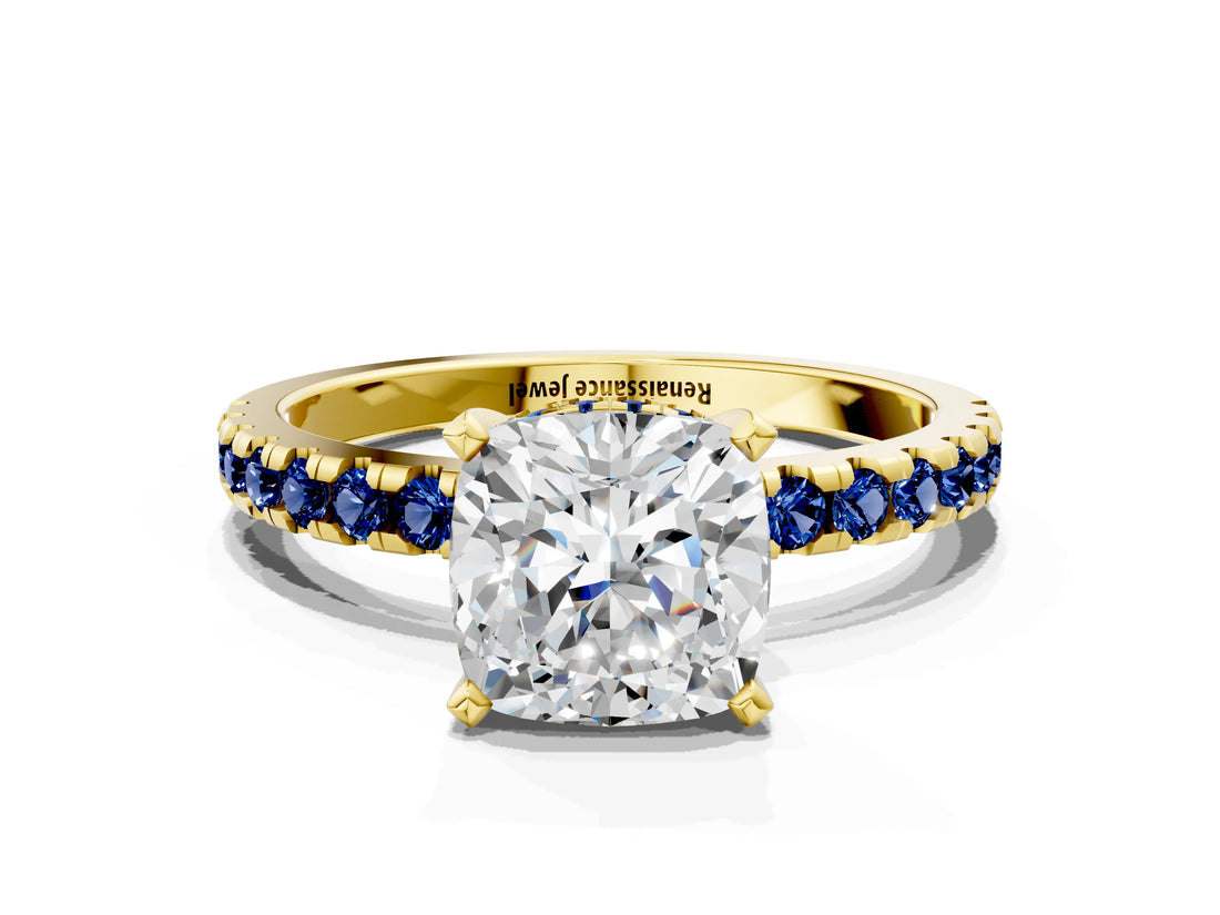 Yellow gold Cushion Cut Diamond Solitaire Ring with Pavé Band and Four-Prong Setting