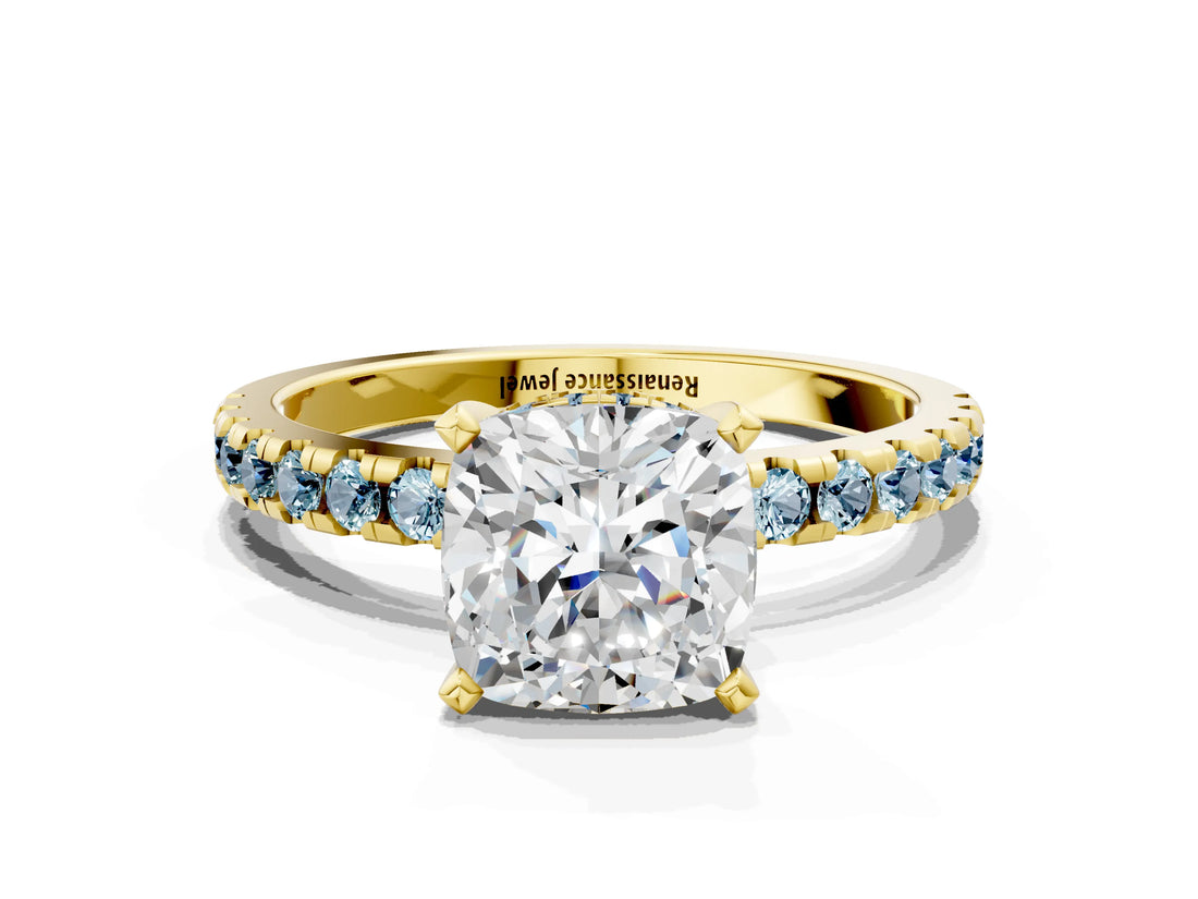Yellow gold Cushion Cut Diamond Solitaire Ring with Pavé Band and Four-Prong Setting