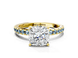 Yellow gold Cushion Cut Diamond Solitaire Ring with Pavé Band and Four-Prong Setting