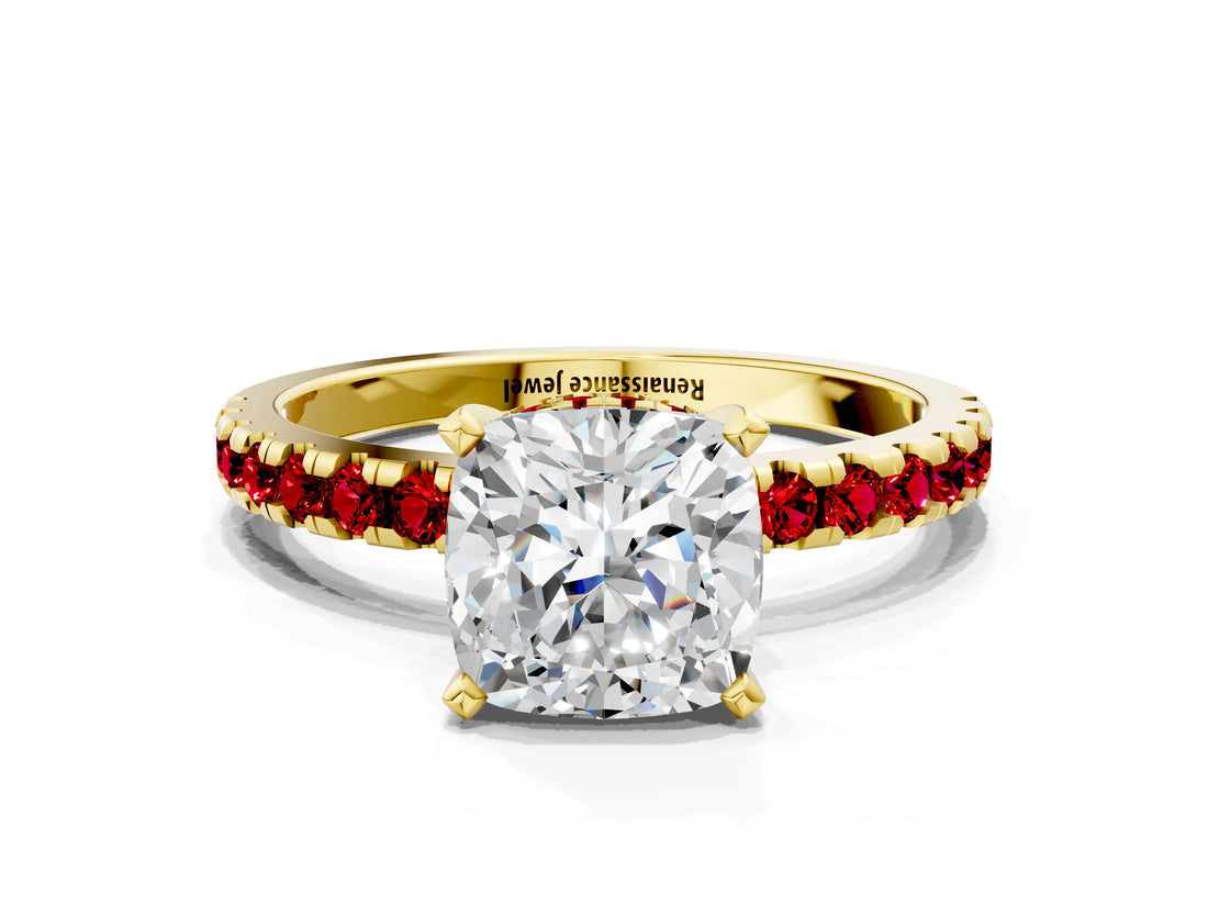 Yellow gold Cushion Cut Diamond Solitaire Ring with Pavé Band and Four-Prong Setting
