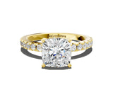 Yellow gold Cushion Cut Diamond Solitaire Ring with Pavé Band and Four-Prong Setting