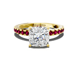 Yellow gold Cushion Cut Diamond Solitaire Ring with Pavé Band and Four-Prong Setting