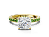 Yellow gold Cushion Cut Diamond Solitaire Ring with Pavé Band and Four-Prong Setting