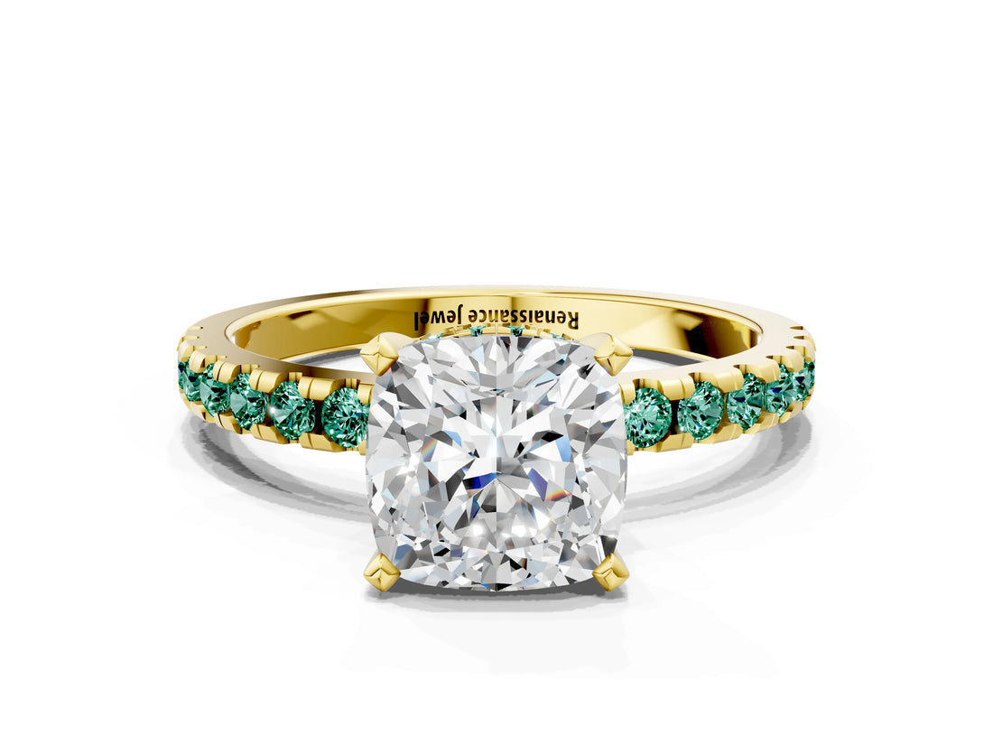 Yellow gold Cushion Cut Diamond Solitaire Ring with Pavé Band and Four-Prong Setting