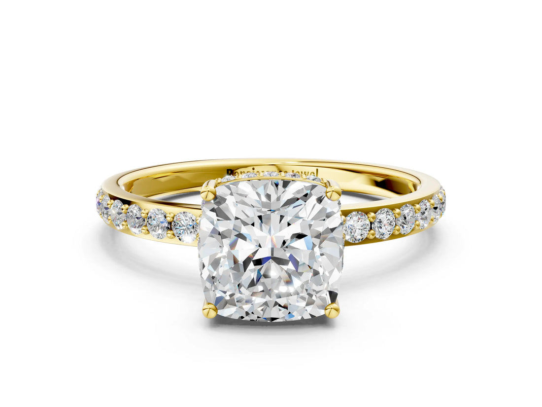 Yellow gold Cushion Cut Diamond Solitaire Ring with Pavé Band and Hidden Halo_26