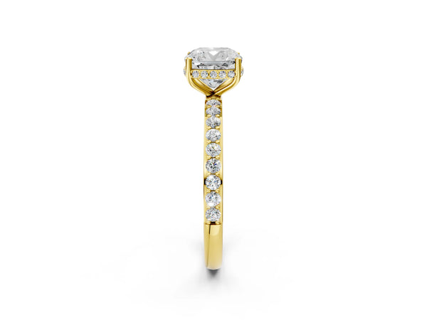 Yellow Gold Cushion Cut Hidden Halo Engagement Ring Setting with Pave Band
