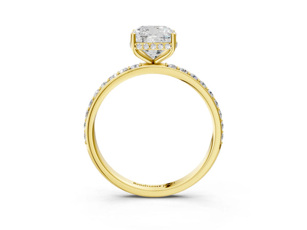 Yellow Gold Cushion Cut Hidden Halo Engagement Ring Setting with Pave Band