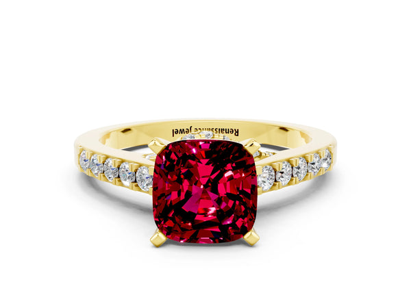Yellow gold Cushion Cut Garnet Solitaire Ring with Crossover Gallery and Round  Pavé Band