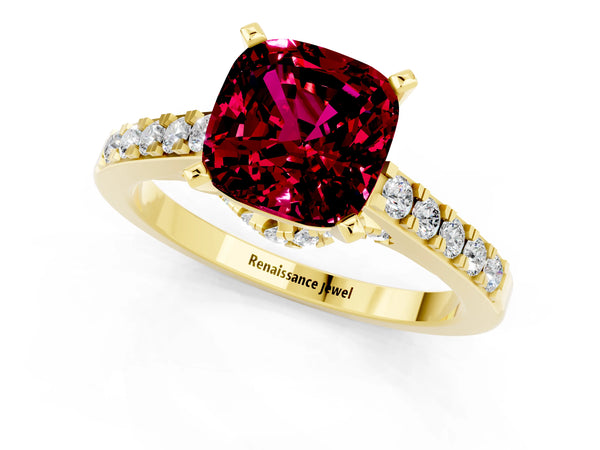 Yellow gold Cushion Cut Garnet Solitaire Ring with Crossover Gallery and Round  Pavé Band