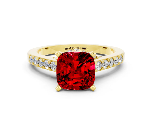 Yellow gold Cushion Cut Ruby Solitaire Ring with Crossover Gallery and Round  Pavé Band