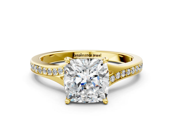 Yellow gold Cushion Cut Diamond Solitaire Ring with Pavé Band and Prong Setting
