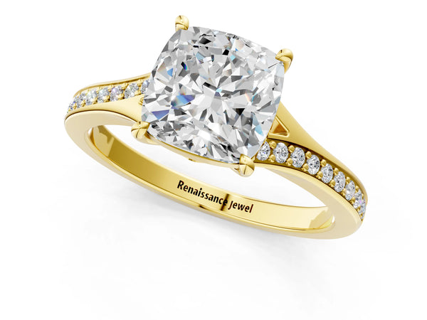 Yellow gold Cushion Cut Diamond Solitaire Ring with Pavé Band and Prong Setting