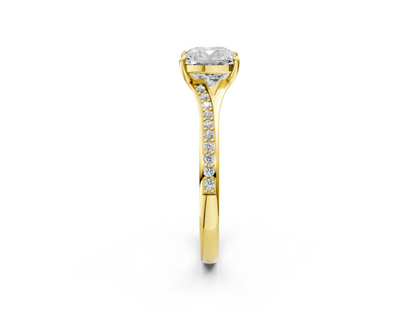 Yellow gold Cushion Cut Diamond Solitaire Ring with Pavé Band and Prong Setting
