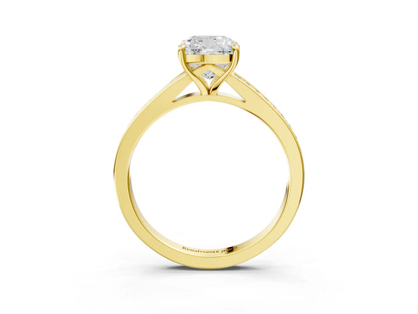 Yellow gold Cushion Cut Diamond Solitaire Ring with Pavé Band and Prong Setting