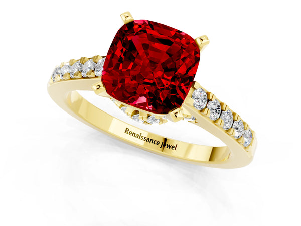 Yellow gold Cushion Cut Ruby Solitaire Ring with Crossover Gallery and Round  Pavé Band