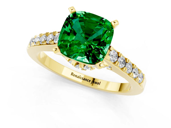 Yellow gold Cushion Cut Emerald Solitaire Ring with Crossover Gallery and Round  Pavé Band