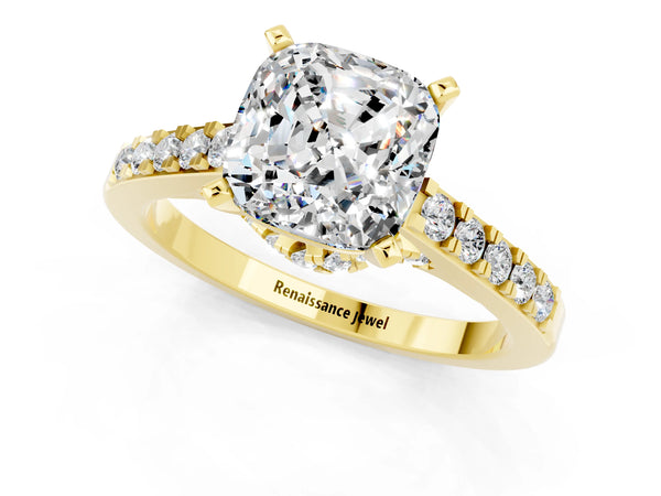 Yellow gold Cushion Cut Moissanite Solitaire Ring with Crossover Gallery and Round  Pavé Band