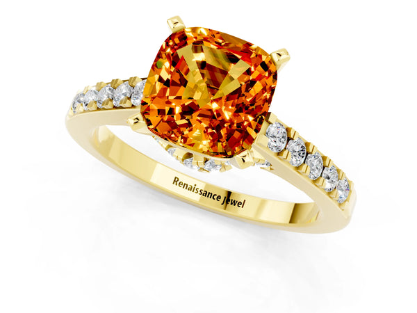 Yellow gold Cushion Cut Citrine Solitaire Ring with Crossover Gallery and Round  Pavé Band