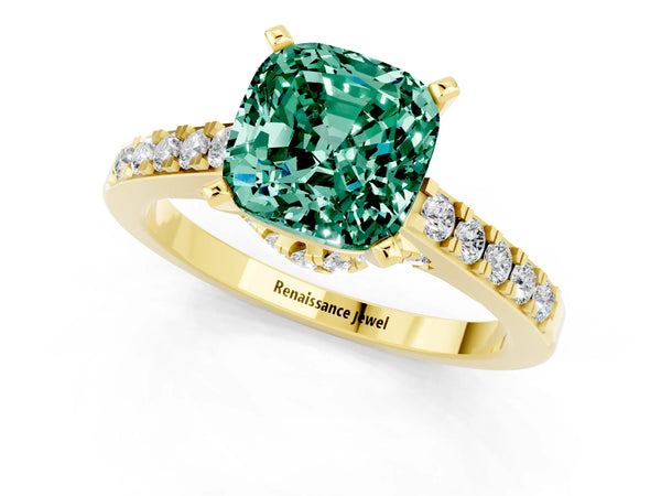 Yellow gold Cushion Cut Green Sapphire Solitaire Ring with Crossover Gallery and Round  Pavé Band