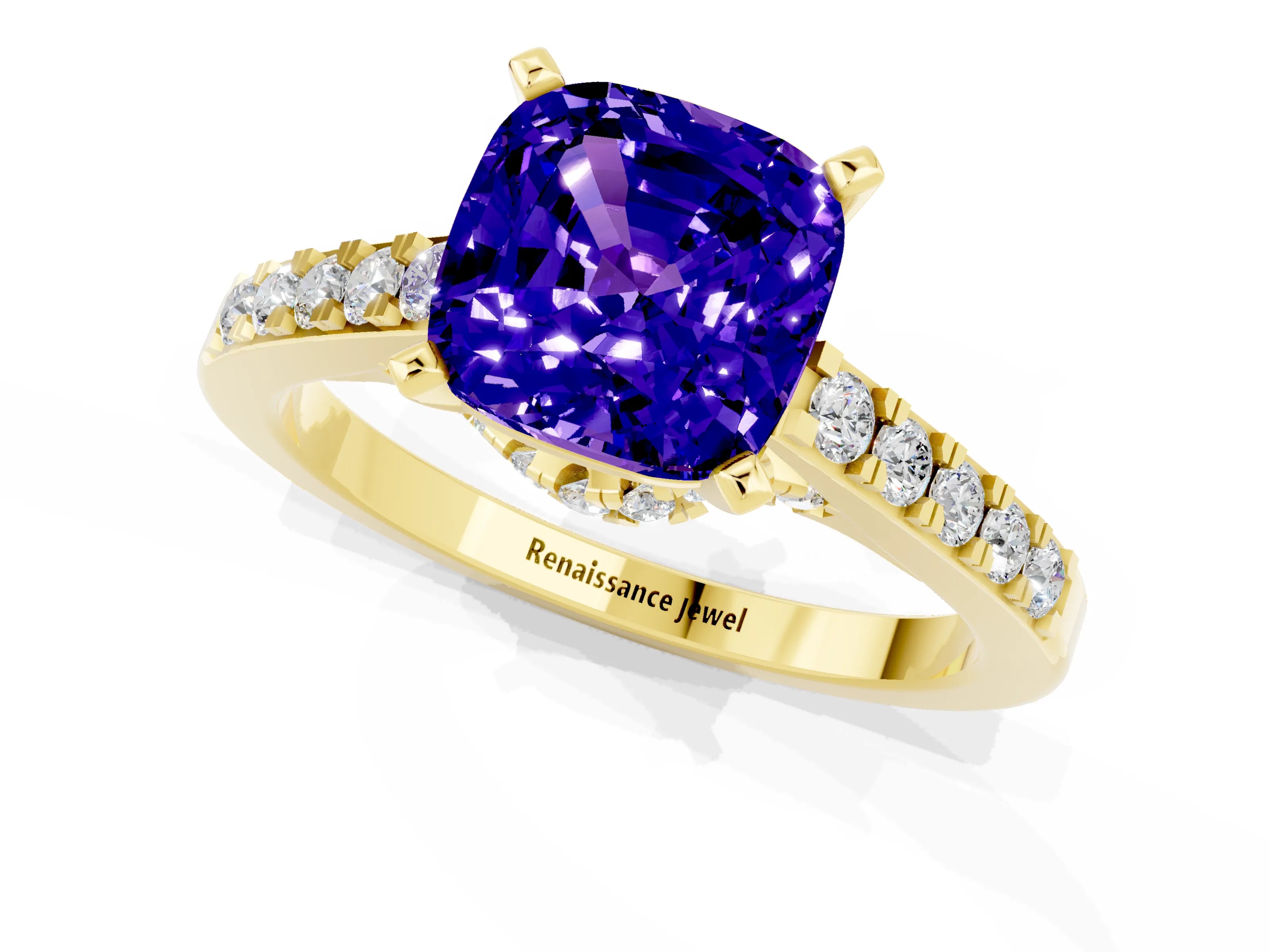 Yellow gold Cushion Cut Diamond Solitaire Ring with Pavé Band and Prong Setting_1
