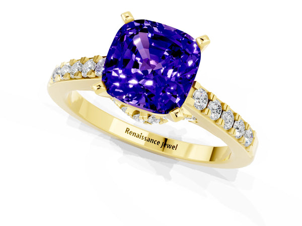 Yellow gold Cushion Cut Tanzanite Solitaire Ring with Crossover Gallery and Round  Pavé Band