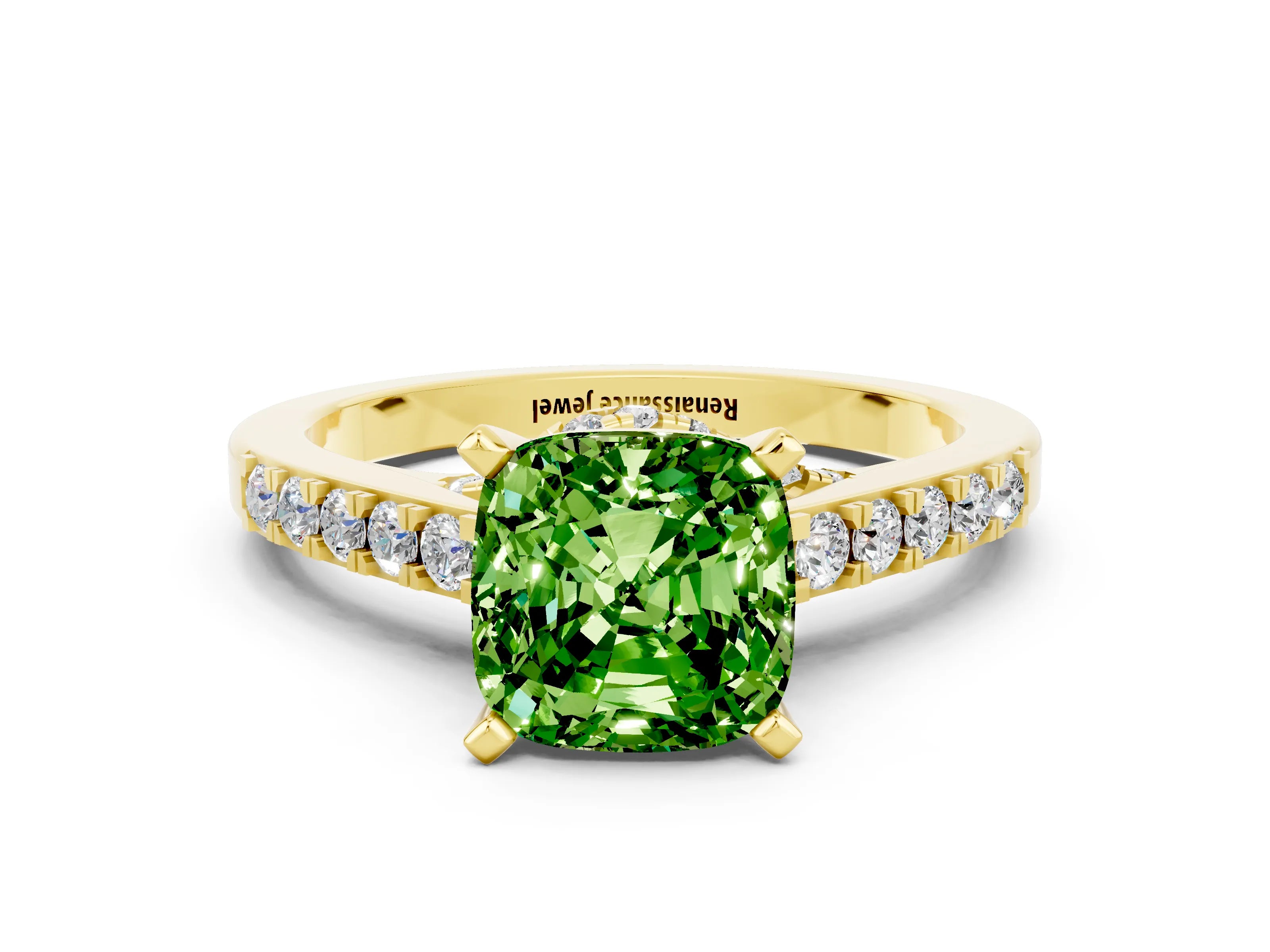 Yellow gold Cushion Cut Diamond Solitaire Ring with Pavé Band and Prong Setting