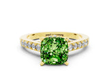 Yellow gold Cushion Cut Diamond Solitaire Ring with Pavé Band and Prong Setting