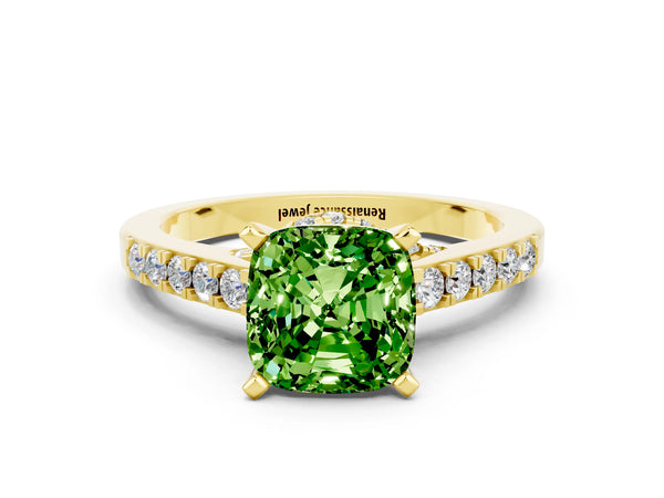 Yellow gold Cushion Cut Peridot Solitaire Ring with Crossover Gallery and Round  Pavé Band