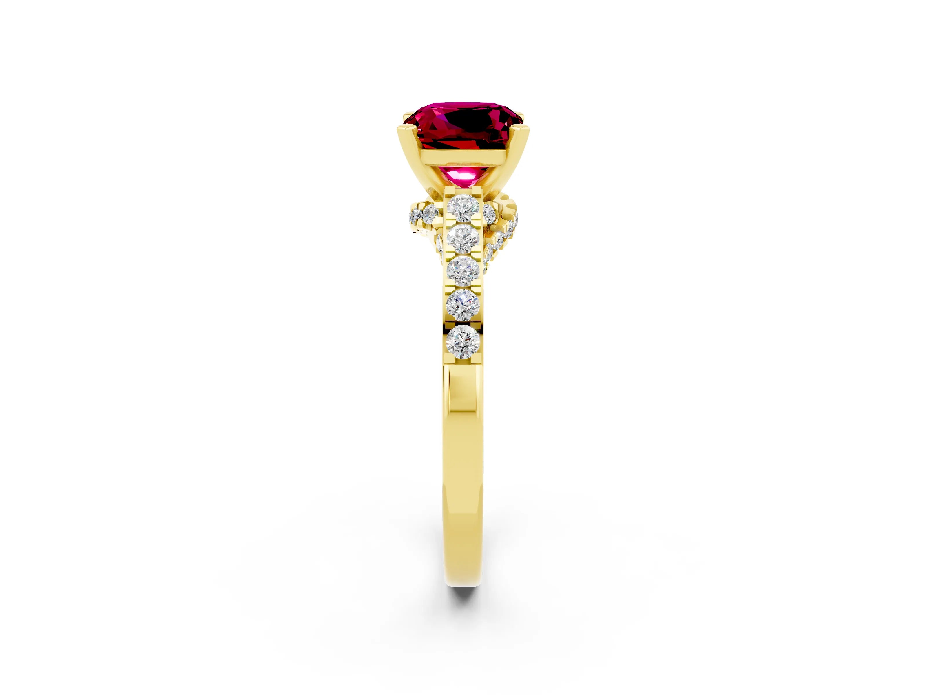 Yellow gold Cushion Cut Diamond Solitaire Ring with Pavé Band and Prong Setting_2