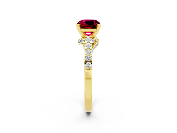 Yellow gold Cushion Cut Garnet Solitaire Ring with Crossover Gallery and Round  Pavé Band