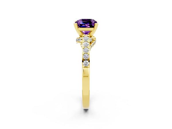 Yellow gold Cushion Cut Amethyst Solitaire Ring with Crossover Gallery and Round  Pavé Band
