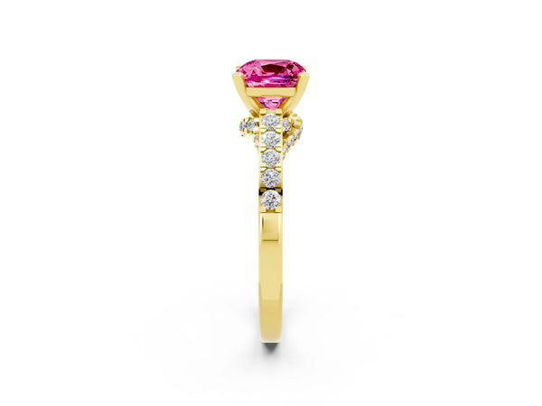 Yellow gold Cushion Cut Pink Sapphire Solitaire Ring with Crossover Gallery and Round  Pavé Band
