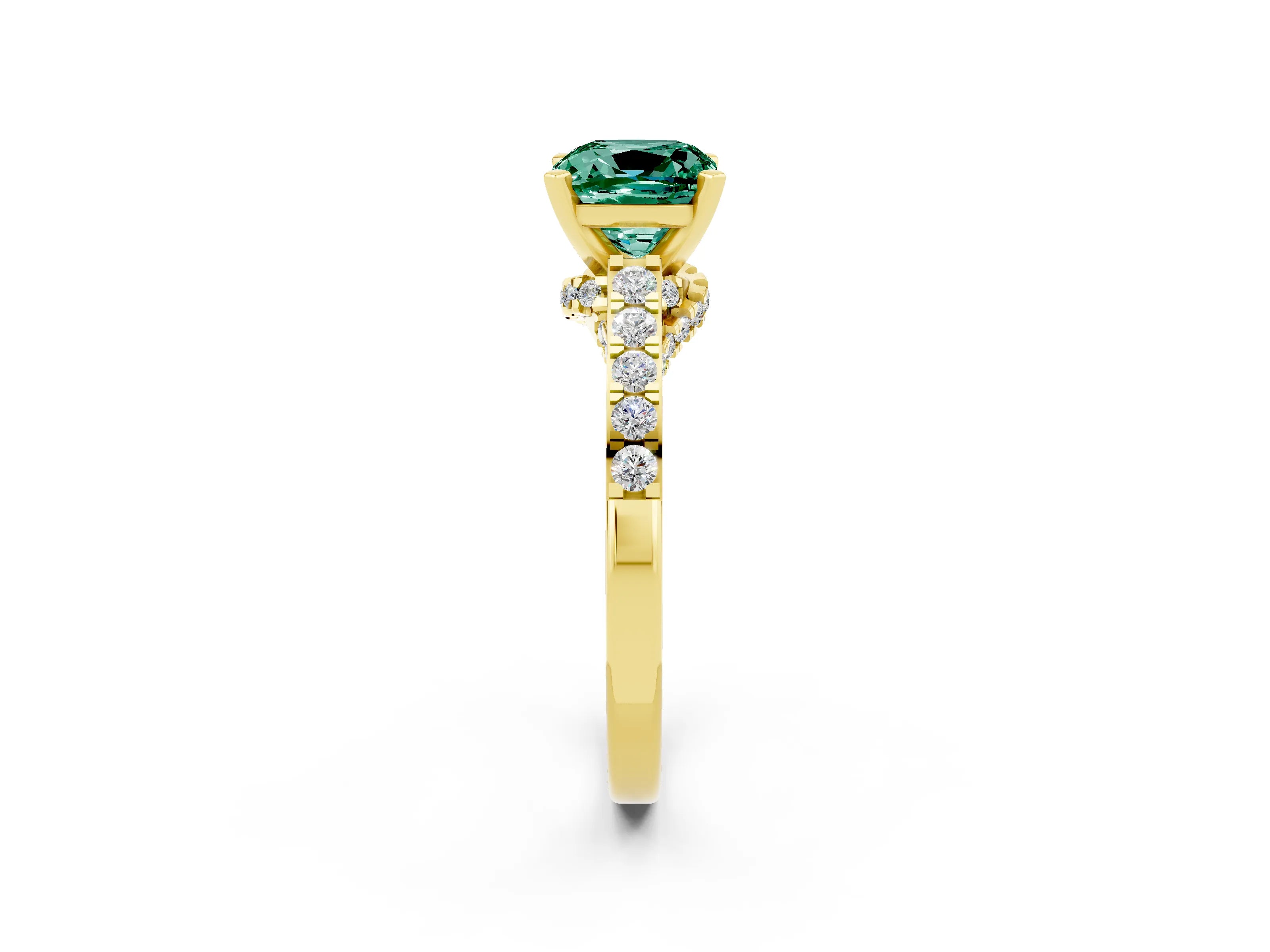 Yellow gold Cushion Cut Diamond Solitaire Ring with Pavé Band and Prong Setting_2