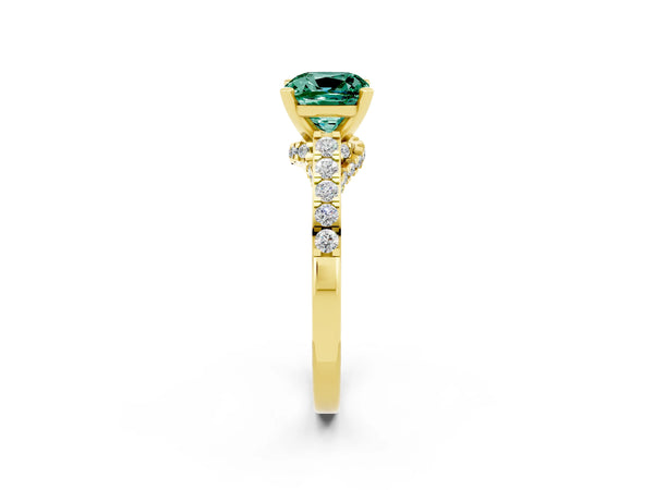 Yellow gold Cushion Cut Green Sapphire Solitaire Ring with Crossover Gallery and Round  Pavé Band