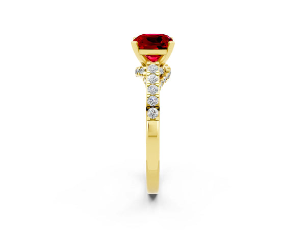 Yellow gold Cushion Cut Ruby Solitaire Ring with Crossover Gallery and Round  Pavé Band