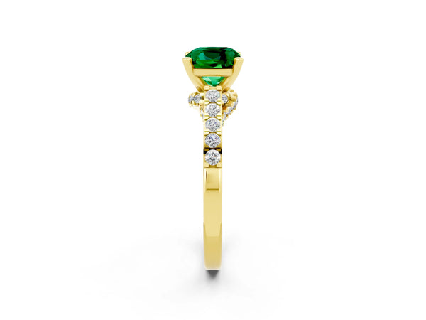 Yellow gold Cushion Cut Emerald Solitaire Ring with Crossover Gallery and Round  Pavé Band