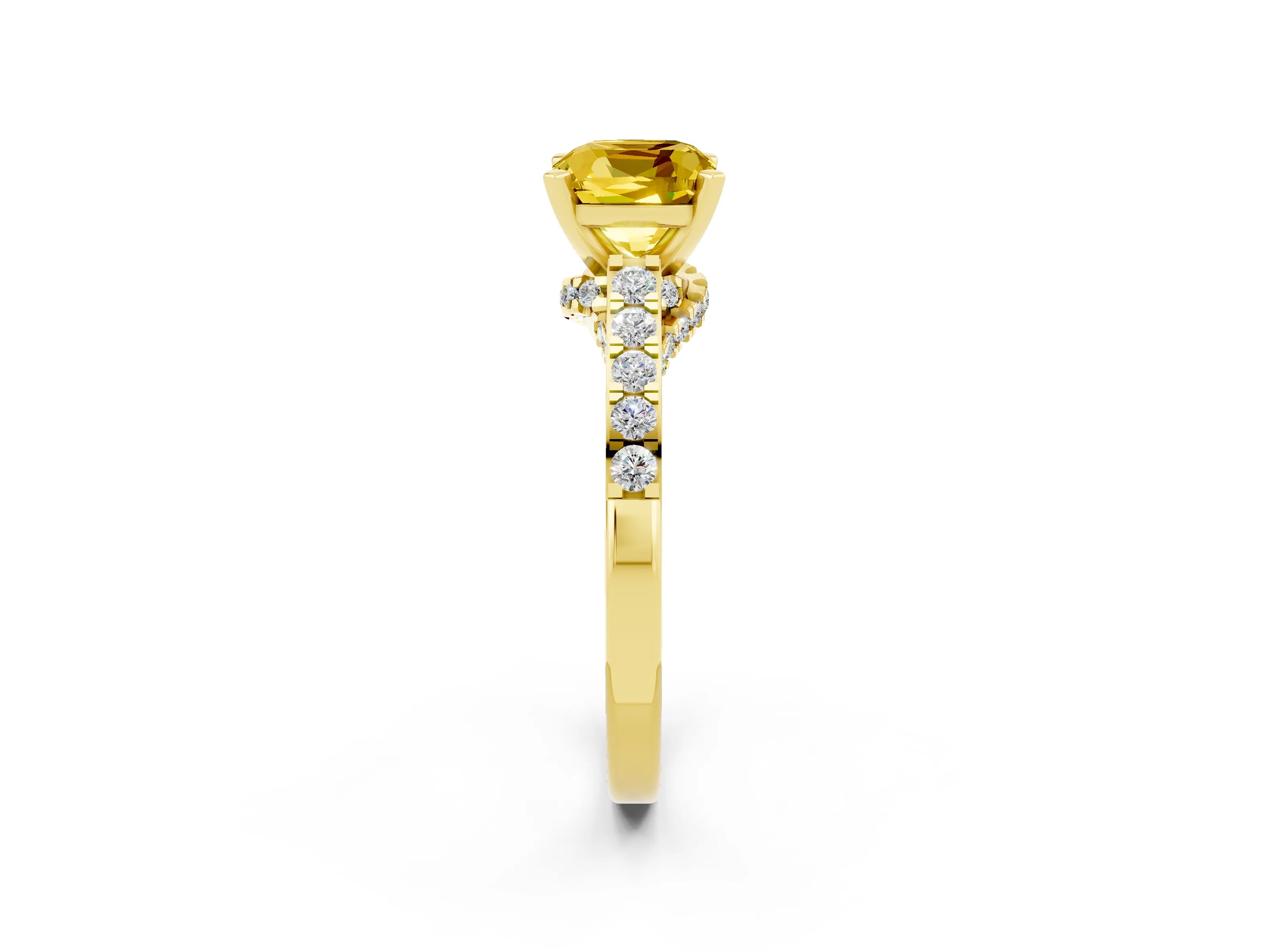 Yellow gold Cushion Cut Diamond Solitaire Ring with Pavé Band and Prong Setting_2