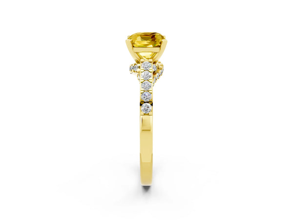 Yellow gold Cushion Cut Yellow Sapphire Solitaire Ring with Crossover Gallery and Round  Pavé Band