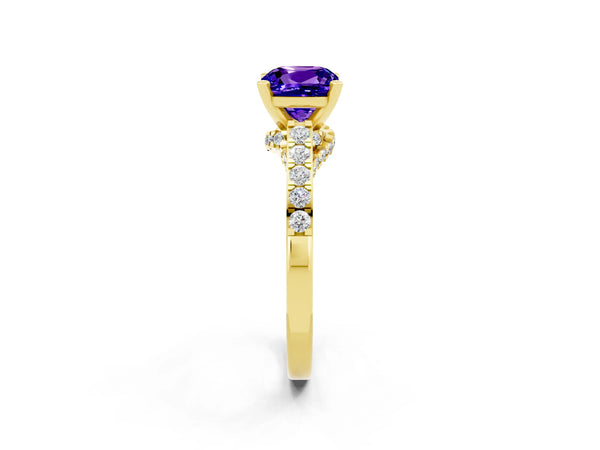 Yellow gold Cushion Cut Tanzanite Solitaire Ring with Crossover Gallery and Round  Pavé Band
