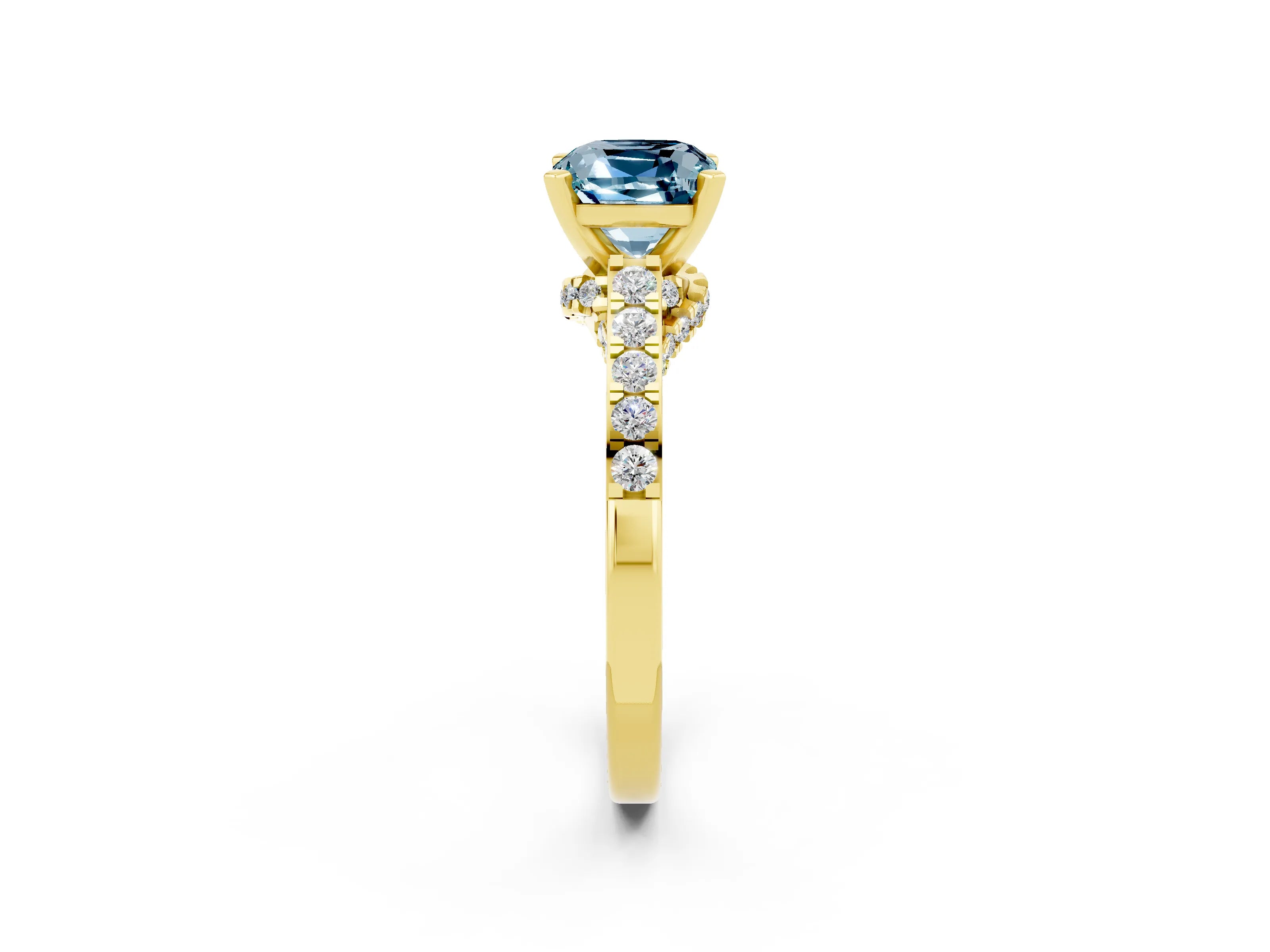 Yellow gold Cushion Cut Diamond Solitaire Ring with Pavé Band and Prong Setting_2