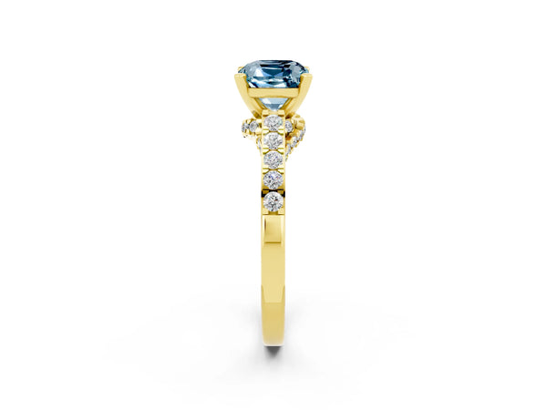 Yellow gold Cushion Cut Aquamarine Solitaire Ring with Crossover Gallery and Round  Pavé Band