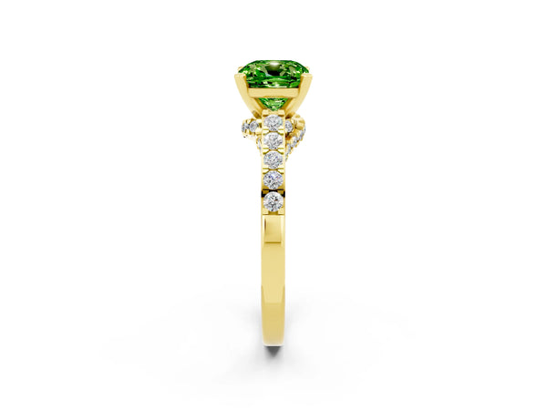 Yellow gold Cushion Cut Peridot Solitaire Ring with Crossover Gallery and Round  Pavé Band