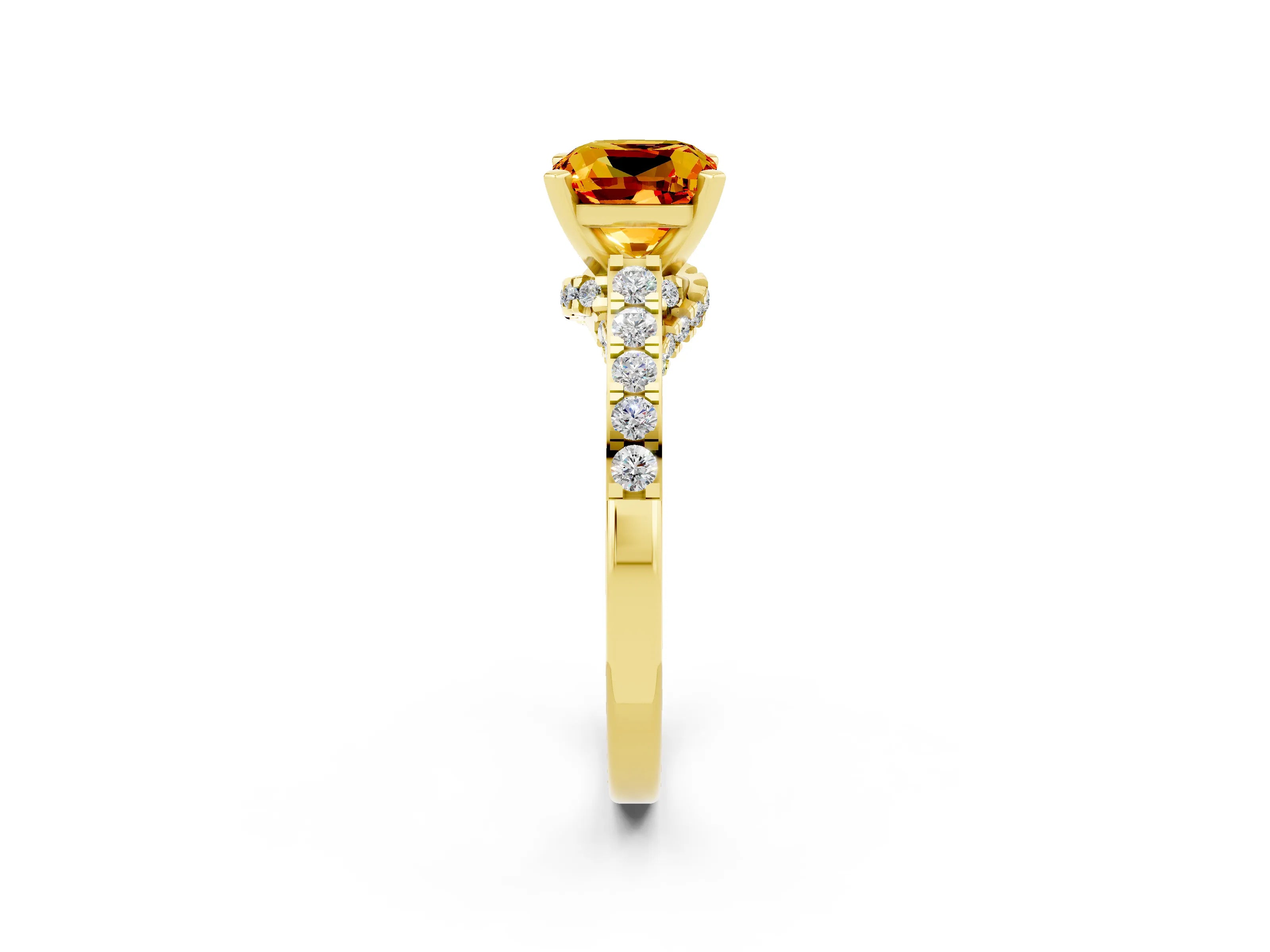 Yellow gold Cushion Cut Diamond Solitaire Ring with Pavé Band and Prong Setting_2
